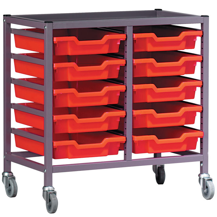 Gratnells Complete Low Height Double Column Grey Frame Trolley With 10 Shallow Trays Set - 735mm