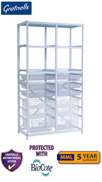 Gratnells Classic Medical Double Column Frame With 6 Wide Trays, 4 Shallow Baskets, 2 Deep Baskets and 4 Single Shelves