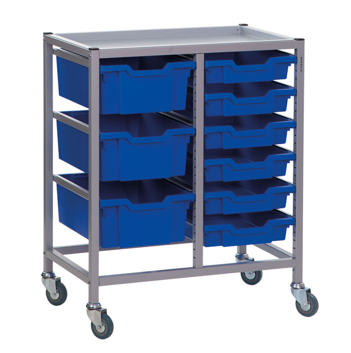 Gratnells Complete Low Height Double Column Trolley With 6 Shallow & 3 Deep Trays Set - 860mm